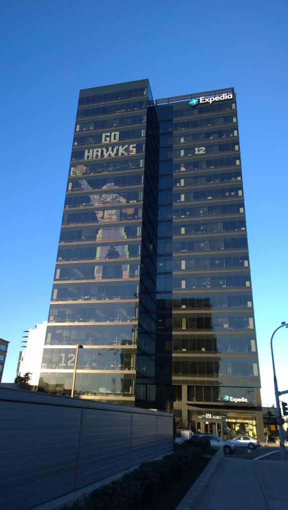 Employees celebrated the Seattle Seahawks' Superbowl journey with a 9 story image on the side of Expedia HQ. (Click on photo to load a 38 megapixel printable poster.)